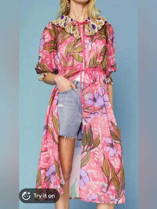 Umgee Dresses & Skirts - Umgee Large NWT Pink Floral Maxi Duster with Lavender Blooms PTP 23